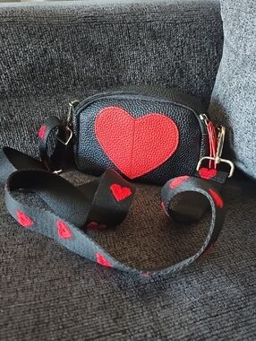 Black Crossbody Bag with Red Heart Accent and Detachable Strap